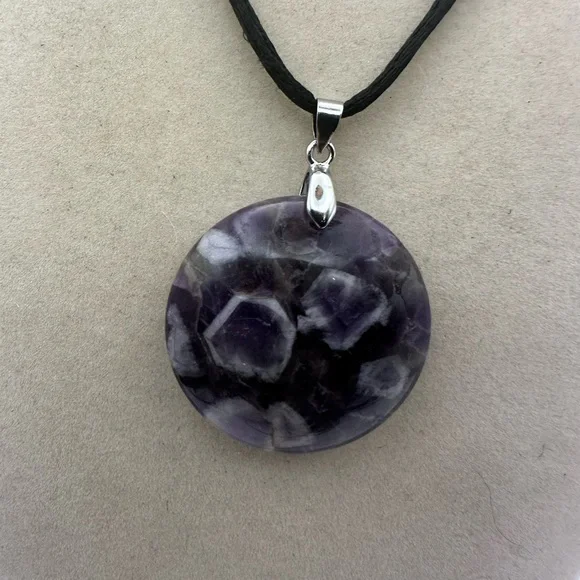 Round Dream/Chevron Amethyst Pendant on Satin Rope - Picture 2 of 10